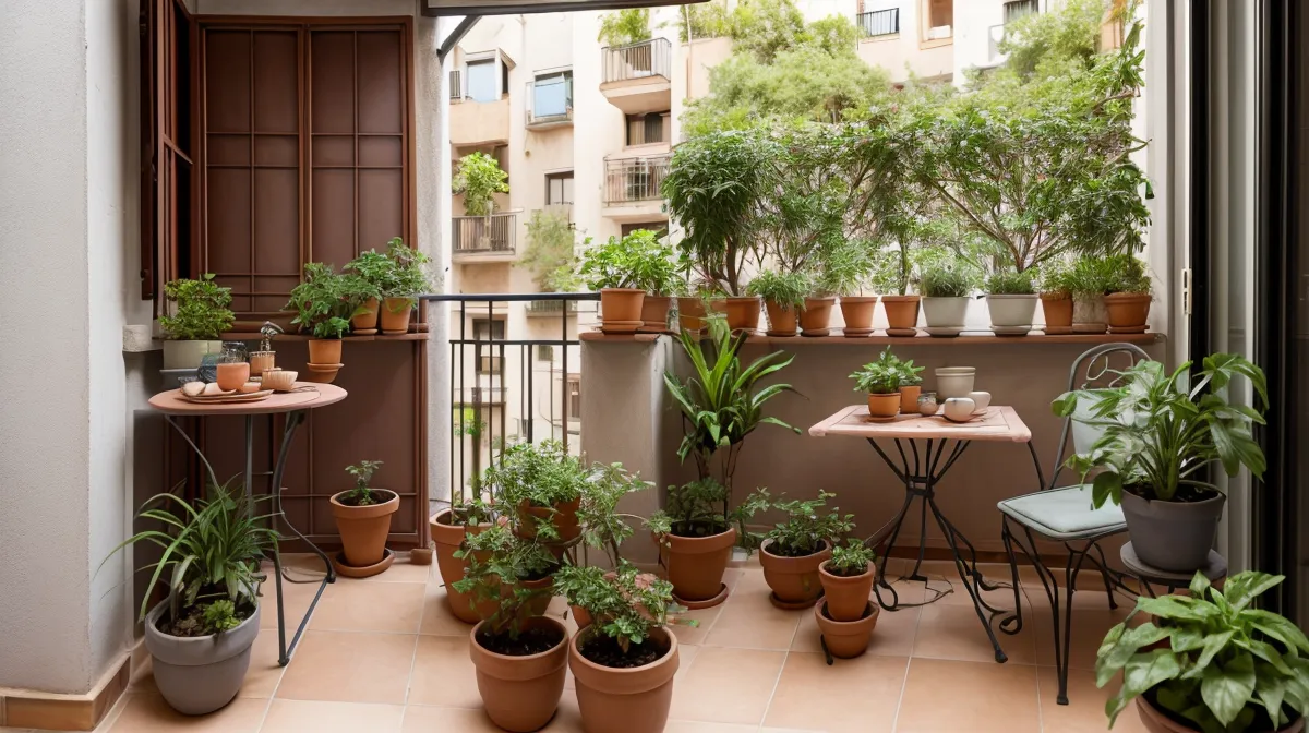 Riego urbano en una terraza del Eixample orientada al norte, macetas junto a la barandilla de hierro