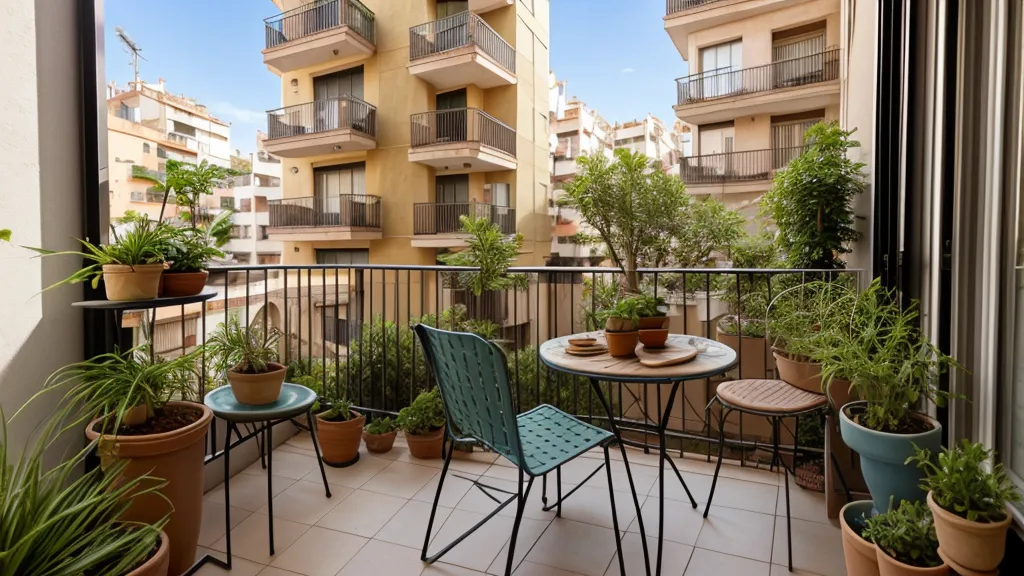 Balcón de Barcelona de noche con macetas en sombra durante el riego nocturno