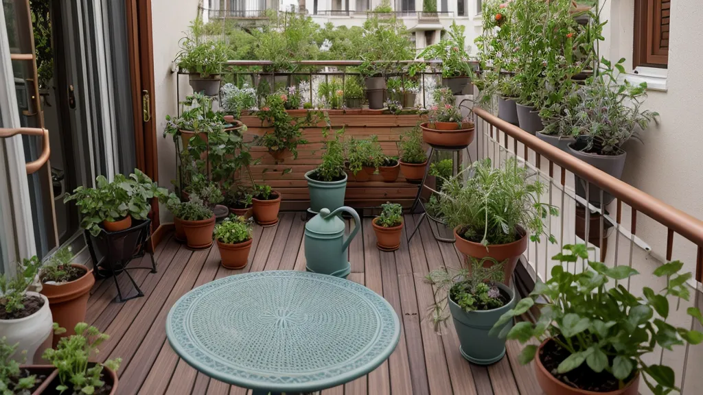 Mesa de balcón con café, tijeras de podar y un curso de diseño y plantas abierto en la tablet