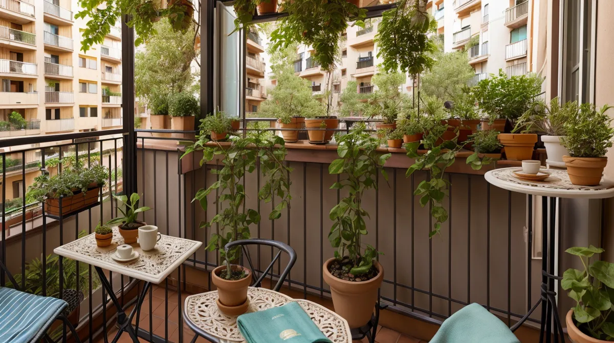Huerto urbano de balcón en Barcelona: una jardinera principiante frente a su espinaca en bolting junto a un tomate cherry