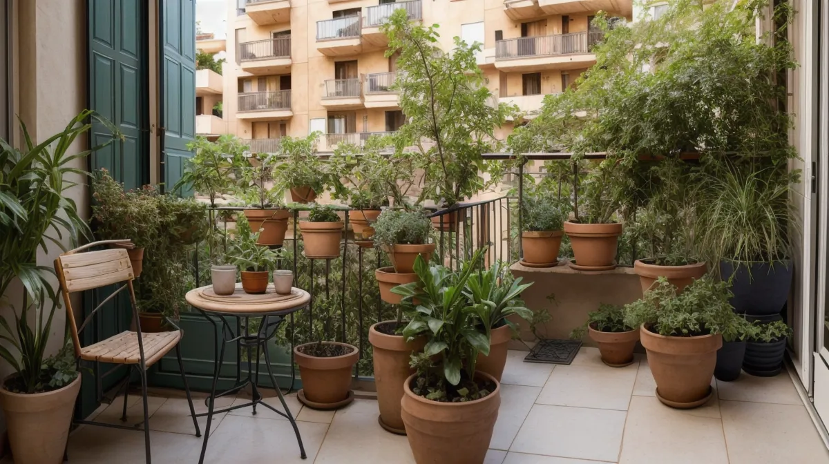 Huerto urbano en macetas caseras recicladas sobre una terraza del Eixample en Barcelona