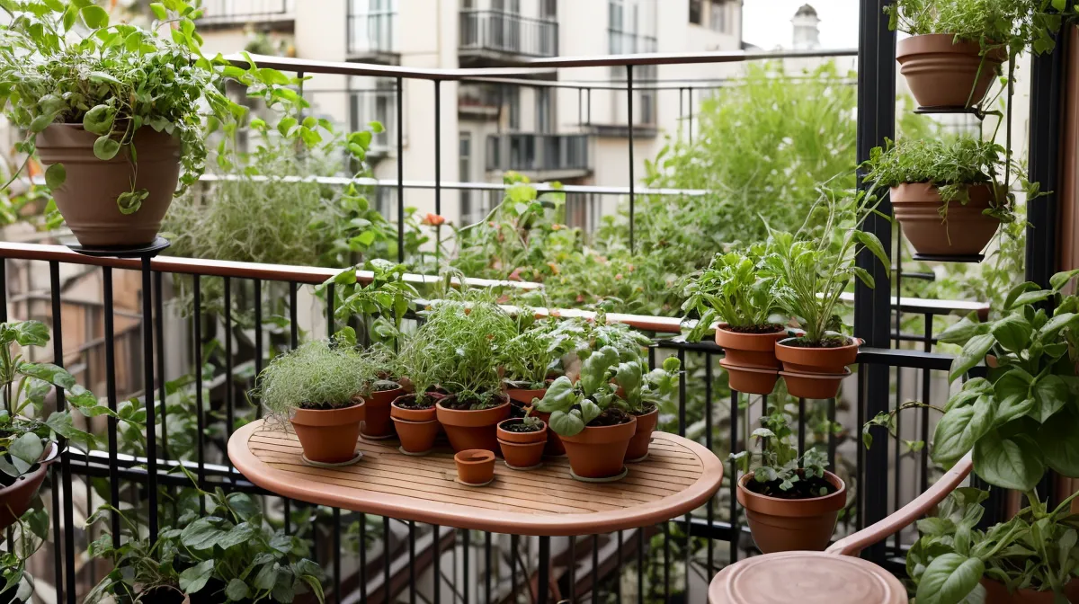 Huerto urbano en un balcón sombrío del Eixample con hojas de kale afectadas por una plaga de balcón