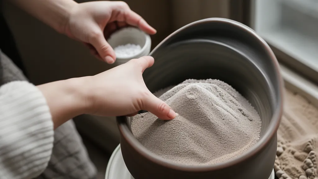 Manos mezclando abono orgánico granulado en una maceta de cerámica