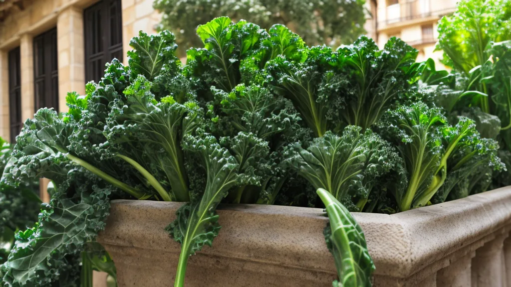 Cultivos de hoja verde, kale y espinacas, en un huerto urbano de balcón norte con sombra