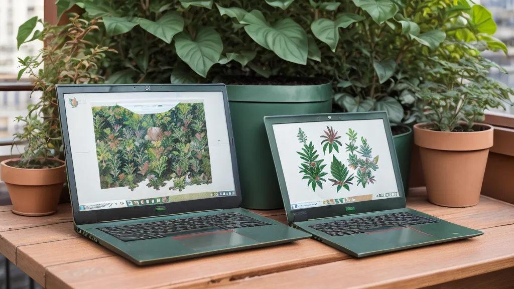 Ordenador con un curso de cultivo orgánico abierto junto a plantas aromáticas de balcón norte