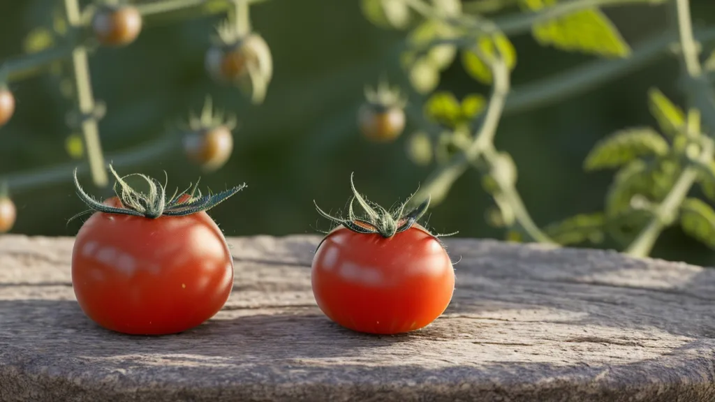 Un pequeño tomate rojo madurando en una maceta de huerto urbano en un balcón norte de Barcelona