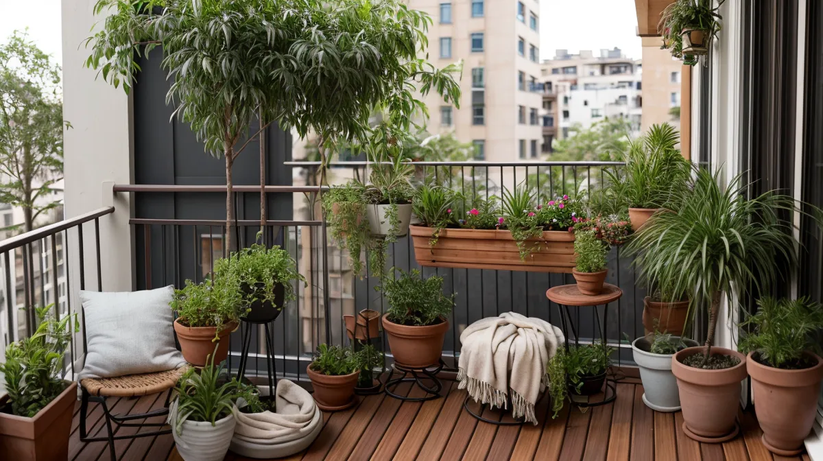 Kokedamas colgadas en un balcón pequeño del Eixample como solución de decoración para pisos sin espacio