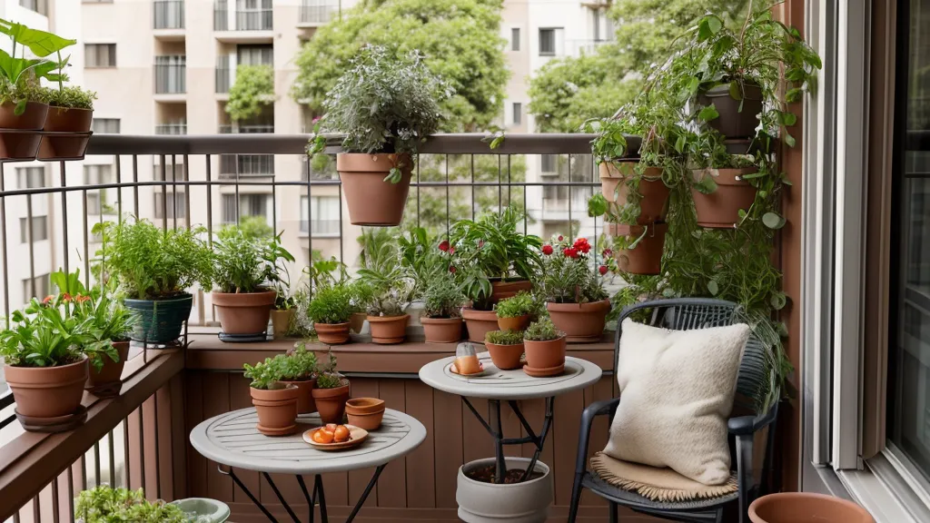 kokedama recuperada colgando junto a otras plantas de un huerto urbano en un balcón de Barcelona