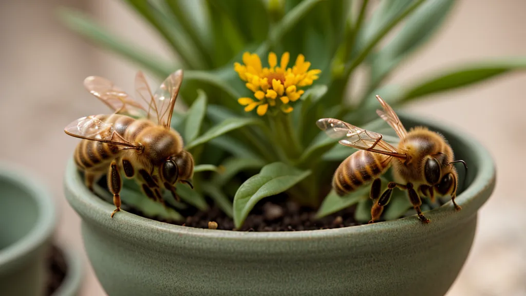 Una abeja polinizando las flores blancas de una planta de albahaca en el balcón.
