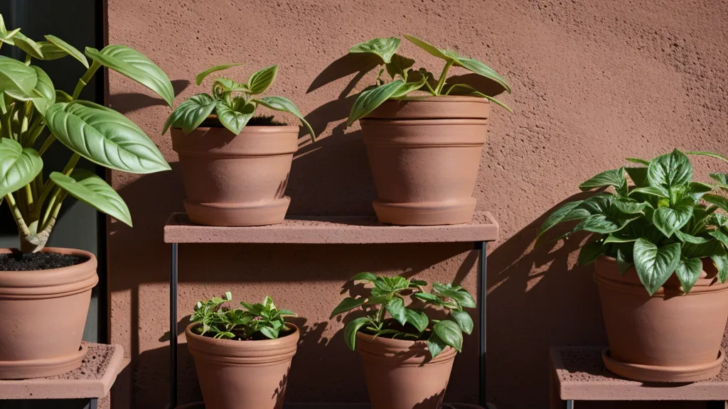 Macetas de albahaca protegidas del sol en una terraza urbana de Barcelona.