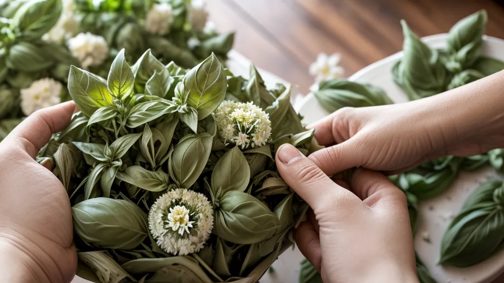 Mano sosteniendo hojas y flores de albahaca recién cortadas bajo la luz del sol.