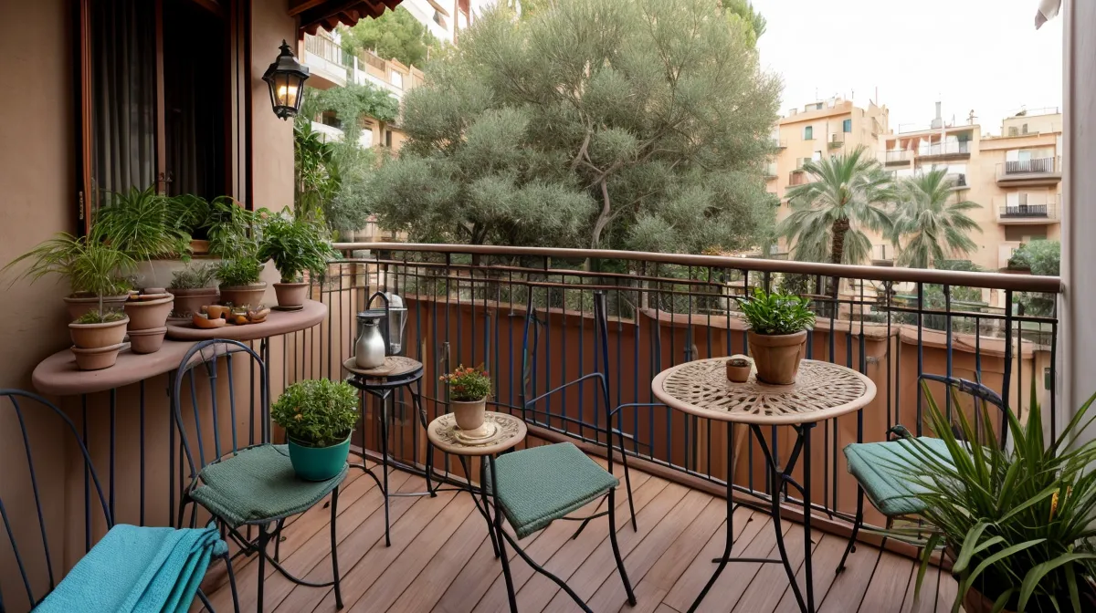 Huerto urbano en un balcón norte del Eixample: terraza con macetas y kokedama colgada en una rutina de domingo