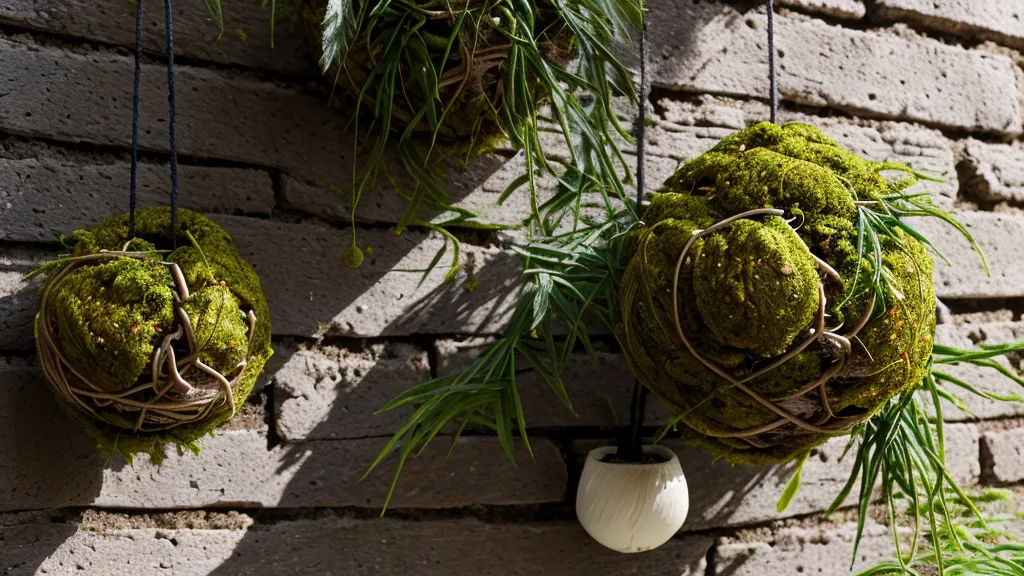 Kokedama de helecho colgada en la terraza, ritual de jardinería para principiantes en un balcón norte