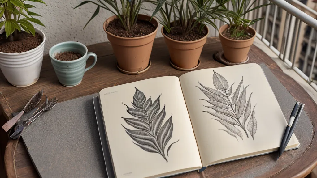 Cuaderno de bitácora de jardinería y café en una mesa de terraza, notas de una vida freelance