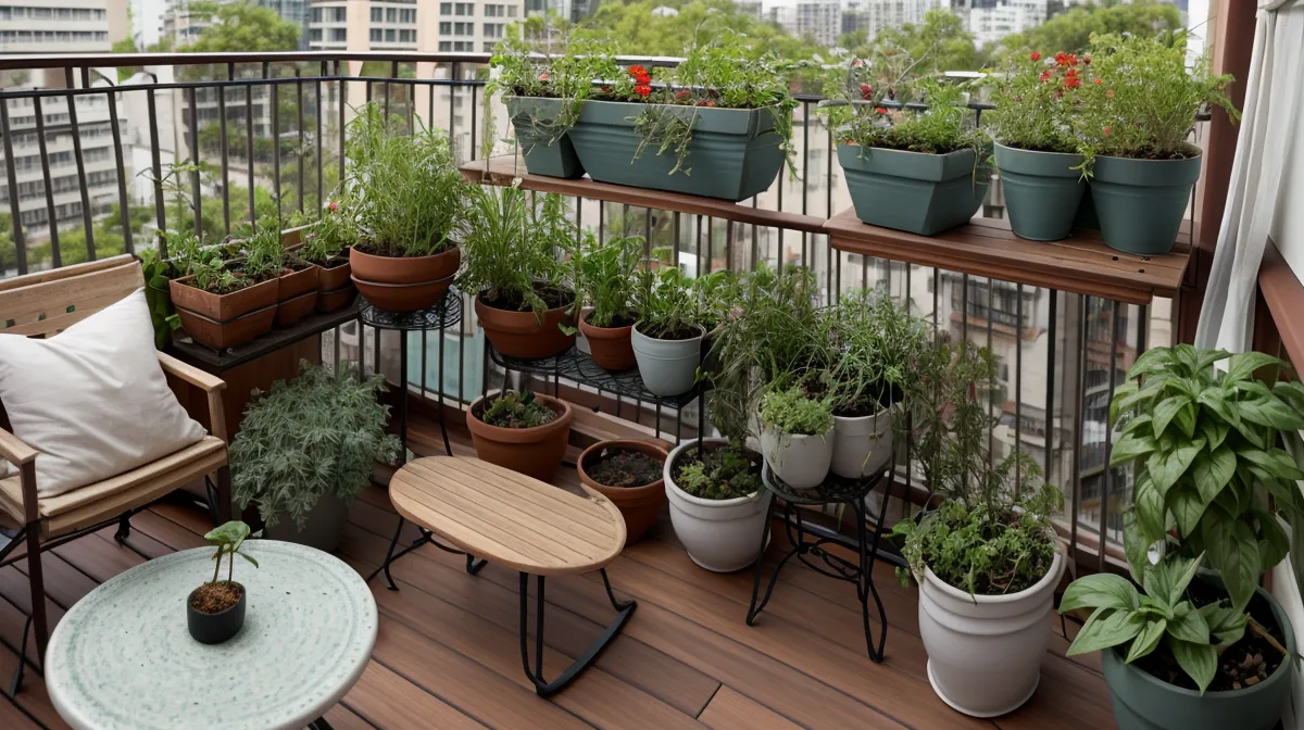 Maceta de albahaca en un balcón norte del Eixample, ejemplo de huerto urbano para principiantes en jardinería