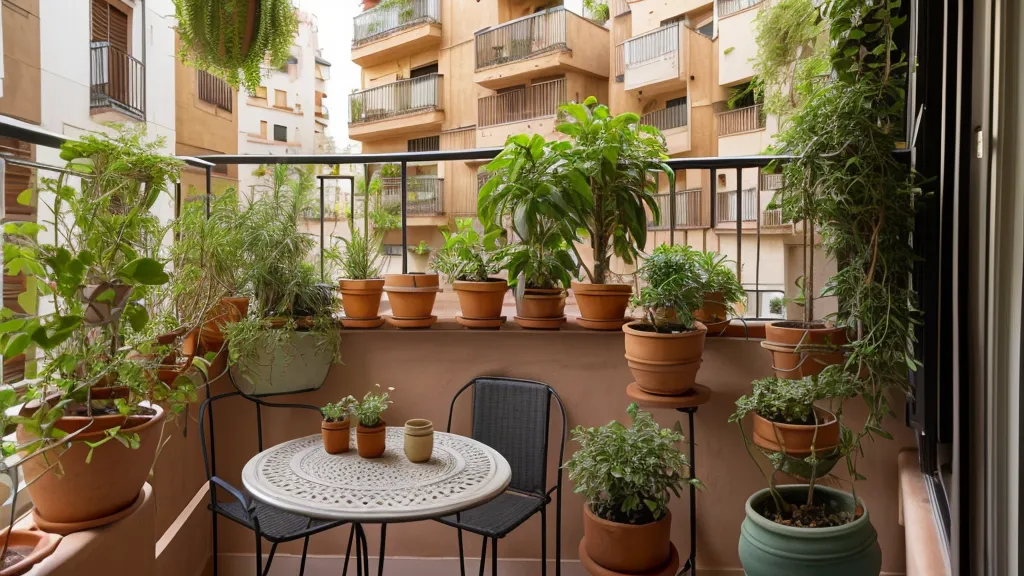 Kokedama junto a una maceta de albahaca en un balcón norte, técnica de riego para huerto urbano