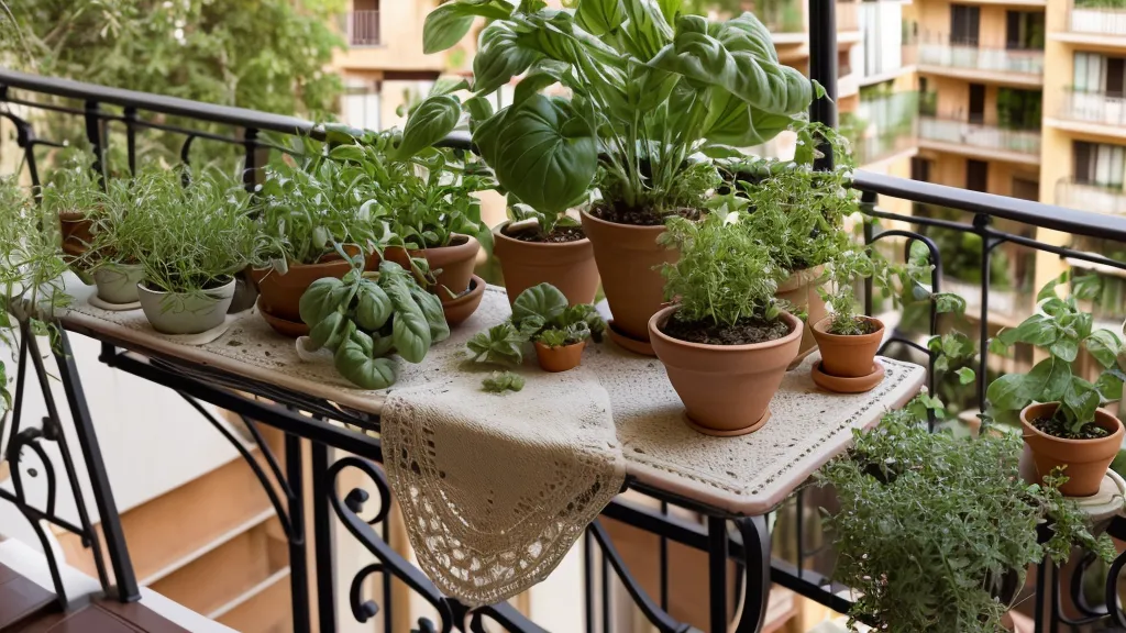Hojas de albahaca en maceta recién cosechadas para pesto, resultado del huerto urbano en balcón norte