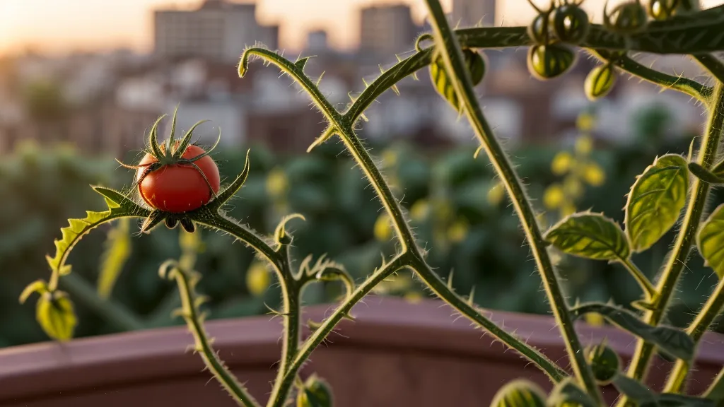 Tomate rojo maduro en una planta de huerto urbano cultivada con agricultura orgánica en casa